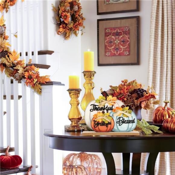 3 Pcs Fall Pumpkin Decor Wooden Table Sign Thankful Blessed Grateful Tabletop - Picture 2 of 8